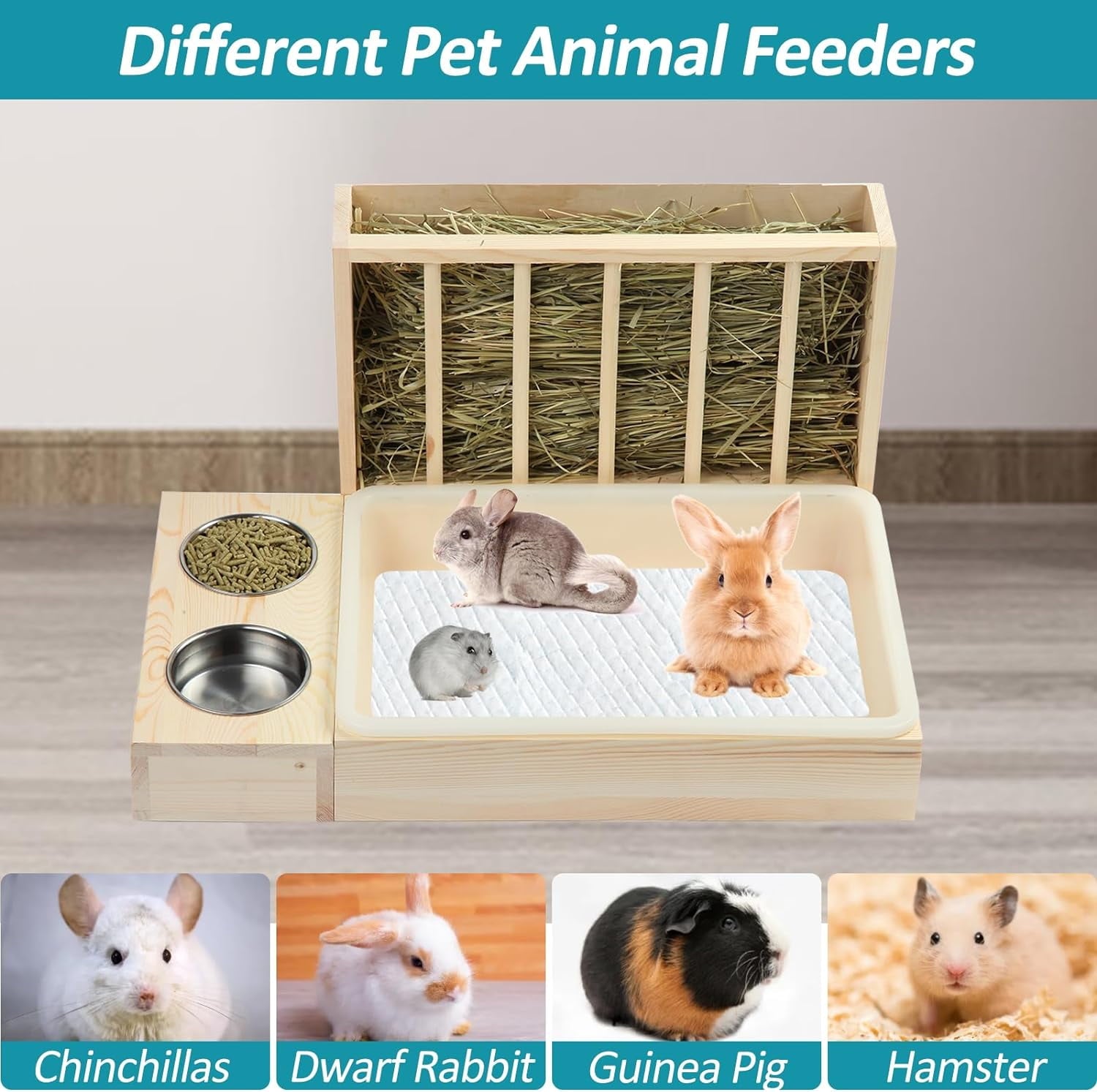 Rabbit Hay Feeder 3 in 1 Wooden Hay Feeder with Litter Box And 2 Bowls Rack Hay Holder for Guinea Pig Chinchillas Hamster Dwarf Rabbit
