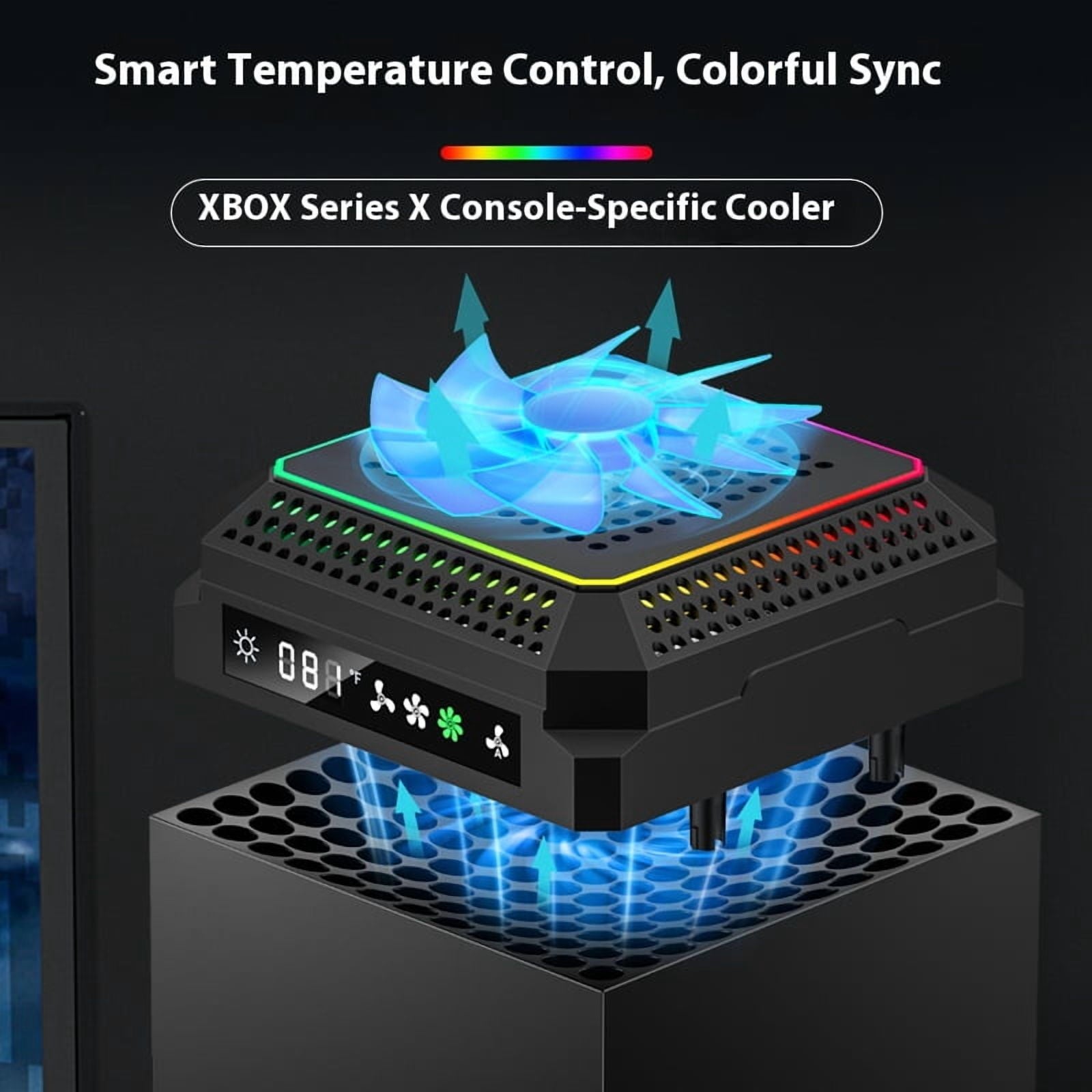 Auto Cooling Fan for Xbox Series X with 11 RGB Light Modes Automatic Fan Speed Adjustable by Temperature with 4 Gears for Xbox Series X Console RGB Lights USB Ports(Black)