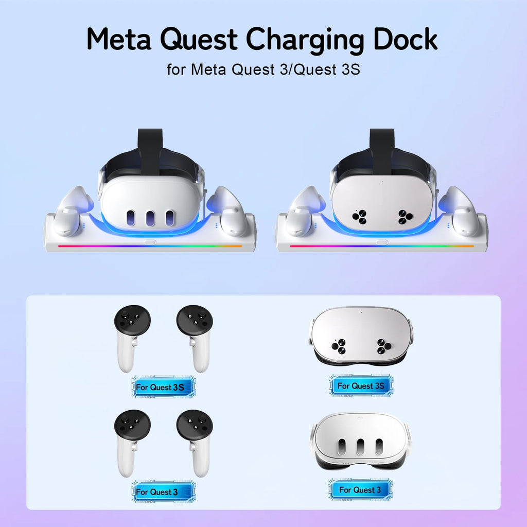 Charging Dock for Oculus Quest 3/Quest 3S Magnetic Charging Station for Meta Quest 3 VR Headset & Controllers with 2 Rechargeable 2100mAh Batteries USB-C Charger Supports LED Indicator