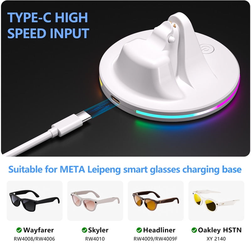 Charging Station for Meta Wayfarer/Skyler/Headliner Portable Charging Dock Compatible with Oakley Meta HSTN RGB Travel Charging Stand with Cable LED Indicator White