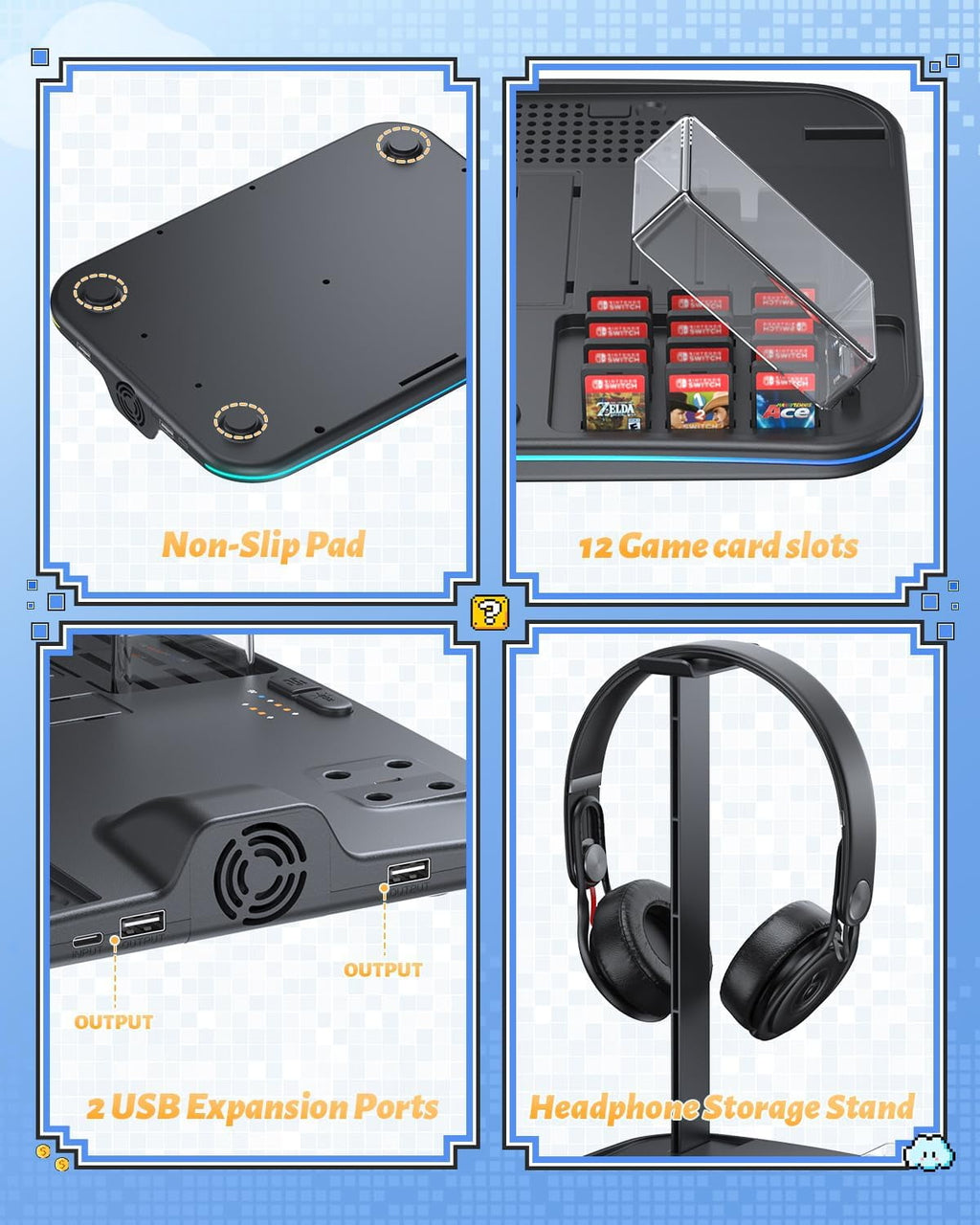Charging Dock for Switch 2/1 Switch Cooling Fan for Nintendo Switch 2/1/OLED Storage Stand for JoyCon 2/1 with 12 Card Slots Controller/Headset Holder 9 RGB Modes