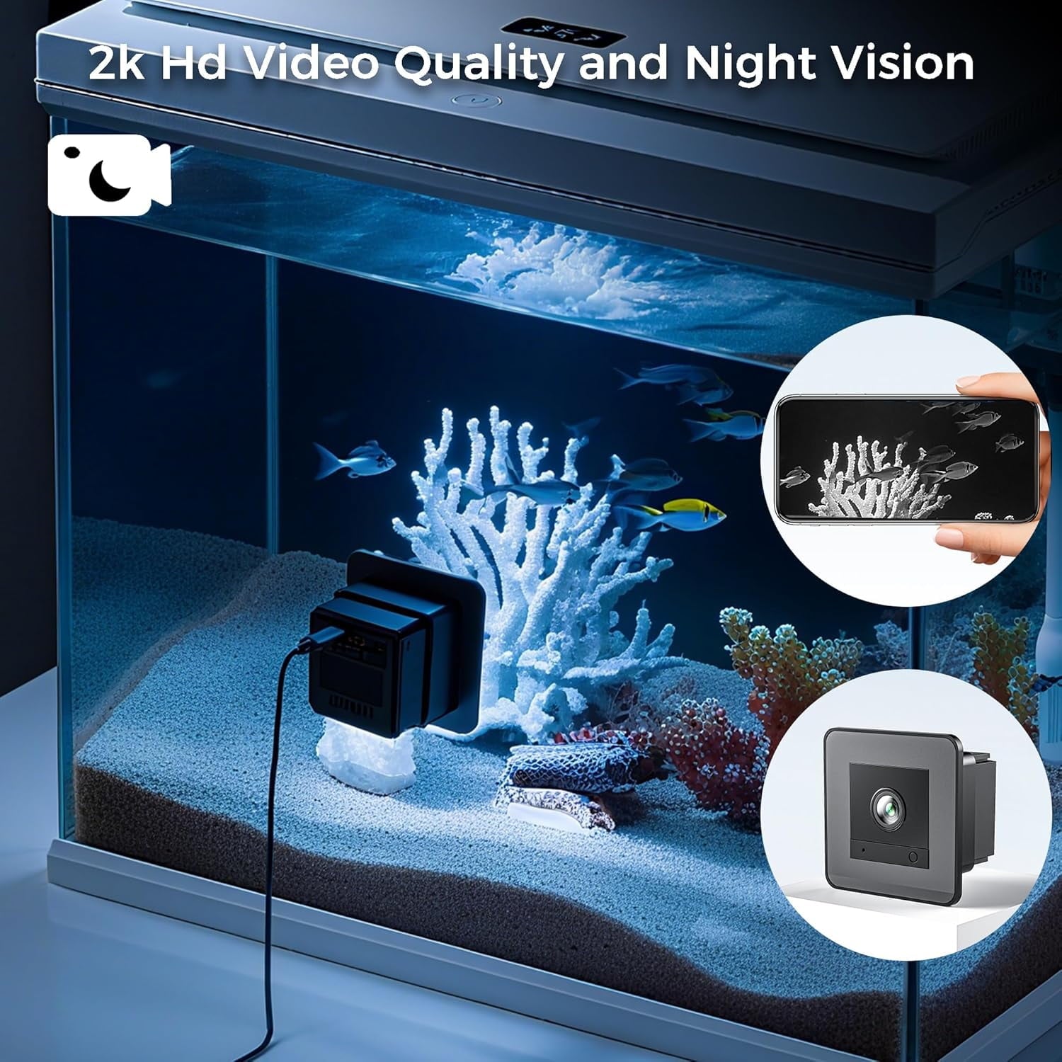 Aquarium Camera with 32G Card Indoor Security Camera 2K Pet Camera with Macro Lens 24/7 Recording for Fish Reptiles Window Security Surveillance System 140° Wide-Angle Night Vision Two-Way Audio