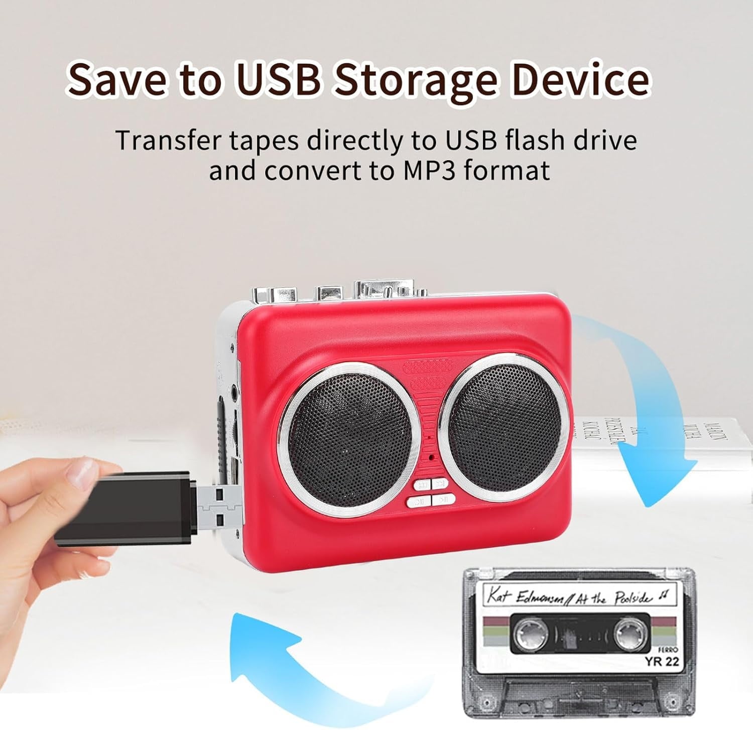 Portable Cassette Player with Auto Reverse Convert Tapes to Digital Files via USB Cassette Audio Player Tape to MP3 Converter Powered by USB Power Cord or AA Battery - Red