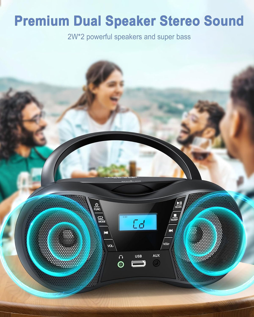 Prociv CD Player Boombox with FM Radio Bluetooth 5.1 Clear Sound LCD Display USB/AUX Input AC/Battery Powered CD/CD-R/CD-RW Compatible 3.5mm Headphone Jack Sleep Timer for Home Seniors Kids Black