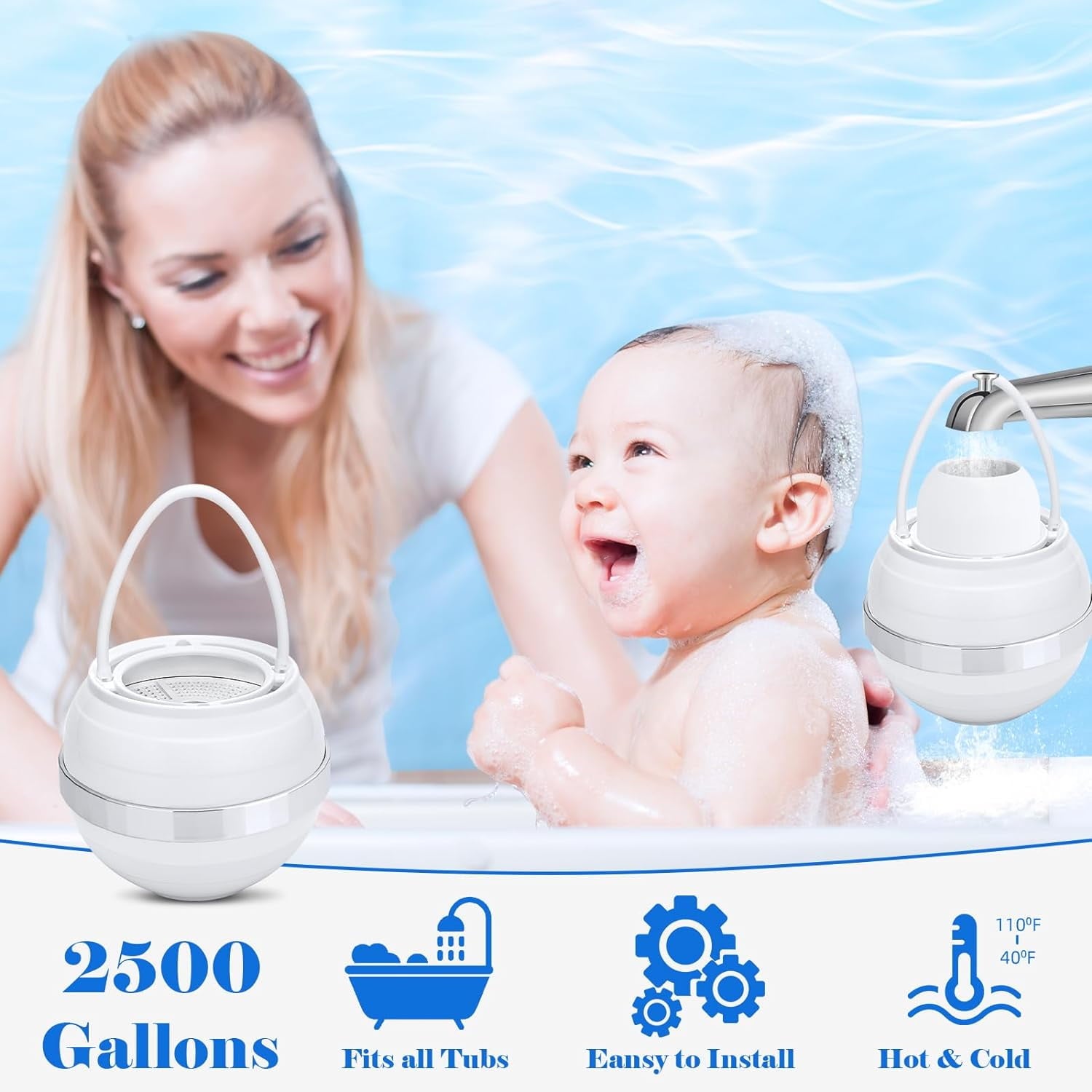 Bath Filter for Tub Faucet - 10 Stages Bath Water Filter 2 500 Gallons Removes Contaminants & pH Balancer Improved Skin Hair and Nail Condition - BPA-Free & Easy Install (White)