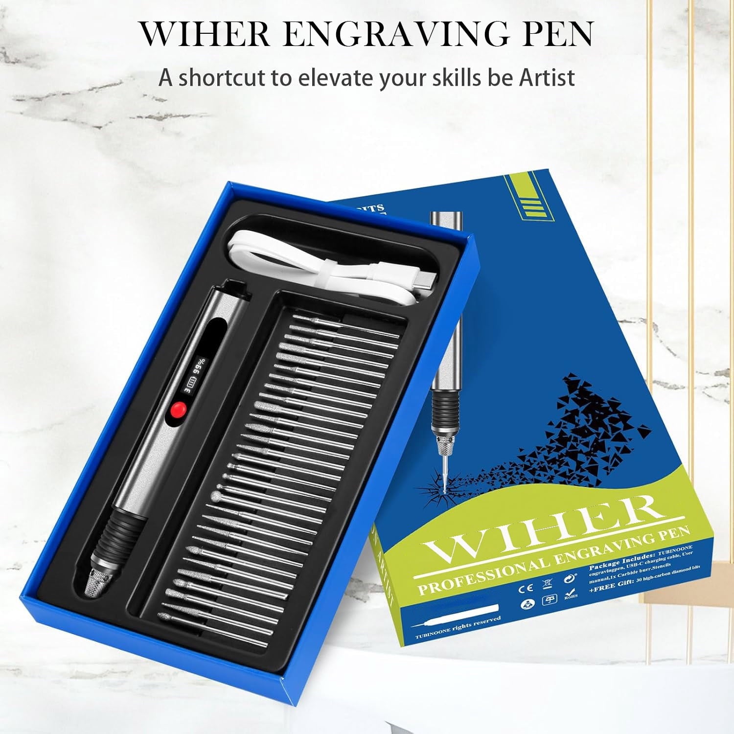 Wiher Engraving Pen with 30 Bits Mini Electric DIY Engraver Cordless Rotary Tools Portable Engraving Pen for Metal Wood Glass and Plastic Jewelry (Silver)