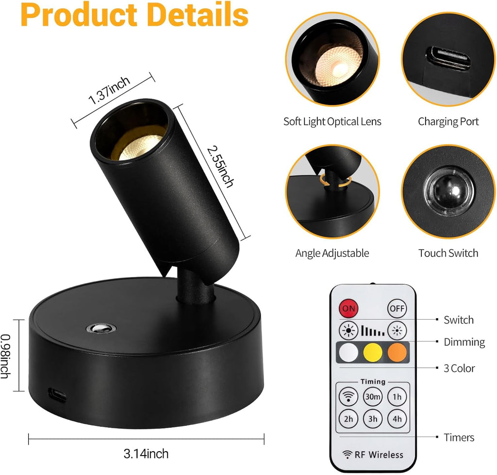 Wireless Led Spotlight Indoor Rechargeable Uplighting Indoor with Remote Dimmable 350° Rotate Battery Powered Ceiling Spotlight for Artwork Painting Tree Black 1pcs