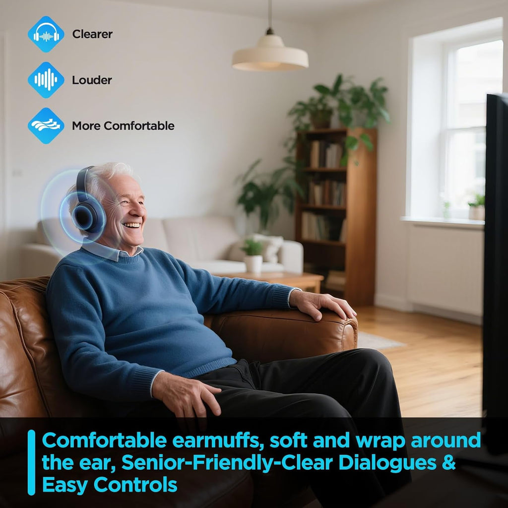 Wireless TV Headphones with 2.4G Digital RF Transmitter and Bluetooth Wireless Over Ear Headphone with Charging Base Support Optical/USB/RCA/BT No Audio Delay Compatible All TVs