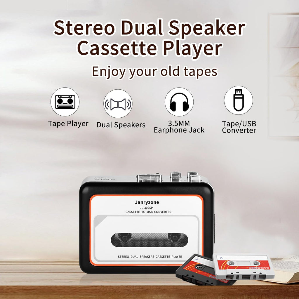 Portable Cassette Player with Auto Reverse Convert Tapes to Digital Files via USB Cassette Audio Player Tape to MP3 Converter Powered by USB Power Cord or AA Battery - Black