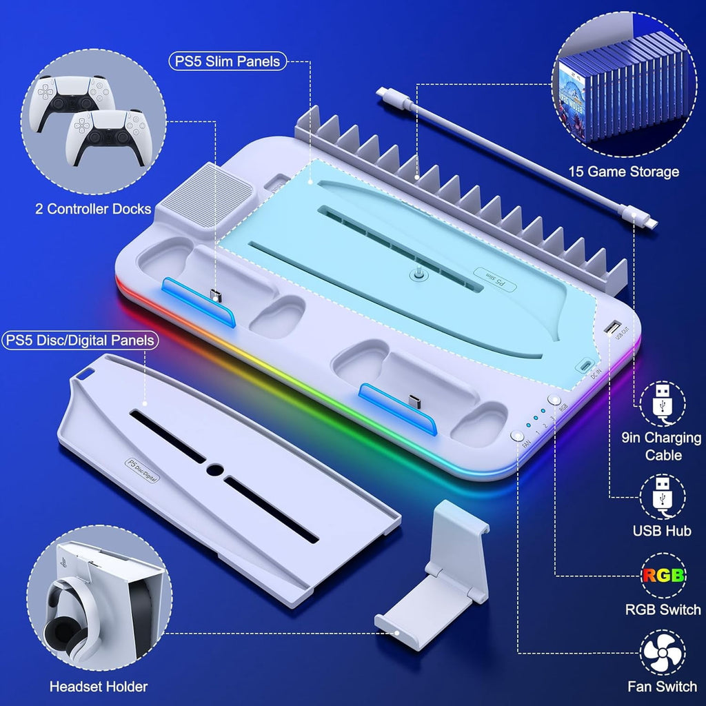 PS5 Slim Stand and Turbo Cooling Station with Controller Charging Station for Playsation 5 3 Levels Cooling Fan RGB Light 15 Game Storage Headset Holder for PS5 Digital/Disc