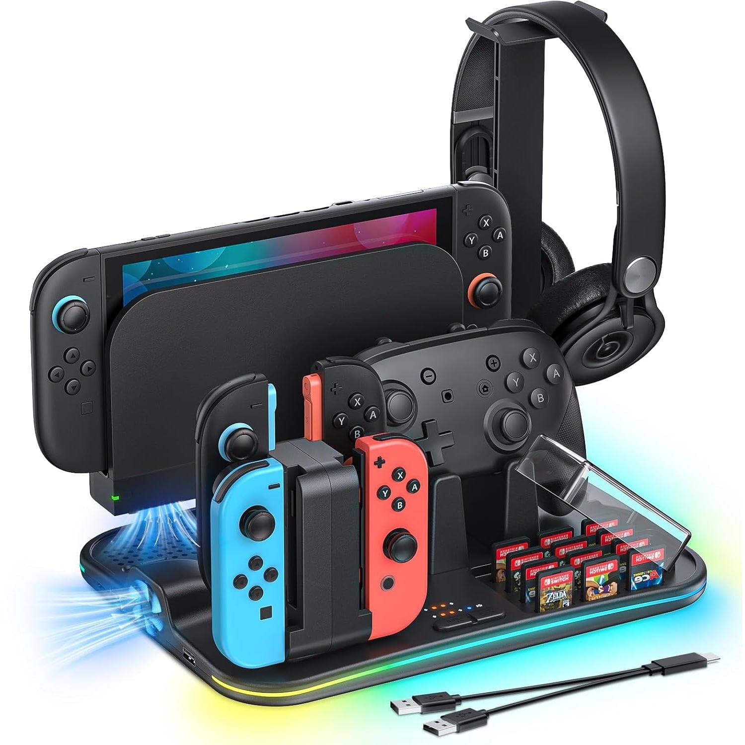 Charging Dock for Switch 2/1 Switch Cooling Fan for Nintendo Switch 2/1/OLED Storage Stand for JoyCon 2/1 with 12 Card Slots Controller/Headset Holder 9 RGB Modes