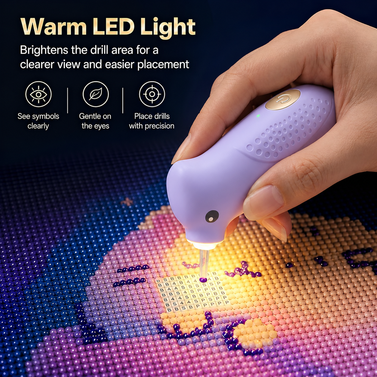 Electric Diamond Painting Pen, Bird-Shaped Diamond Vacuum Art Pen with Warm Light, Wax-Free Pickup, Ergonomic Palm Grip, Integrated Suction Tip, Christmas Gift for Girls,Students,DIY Crafters,Purple