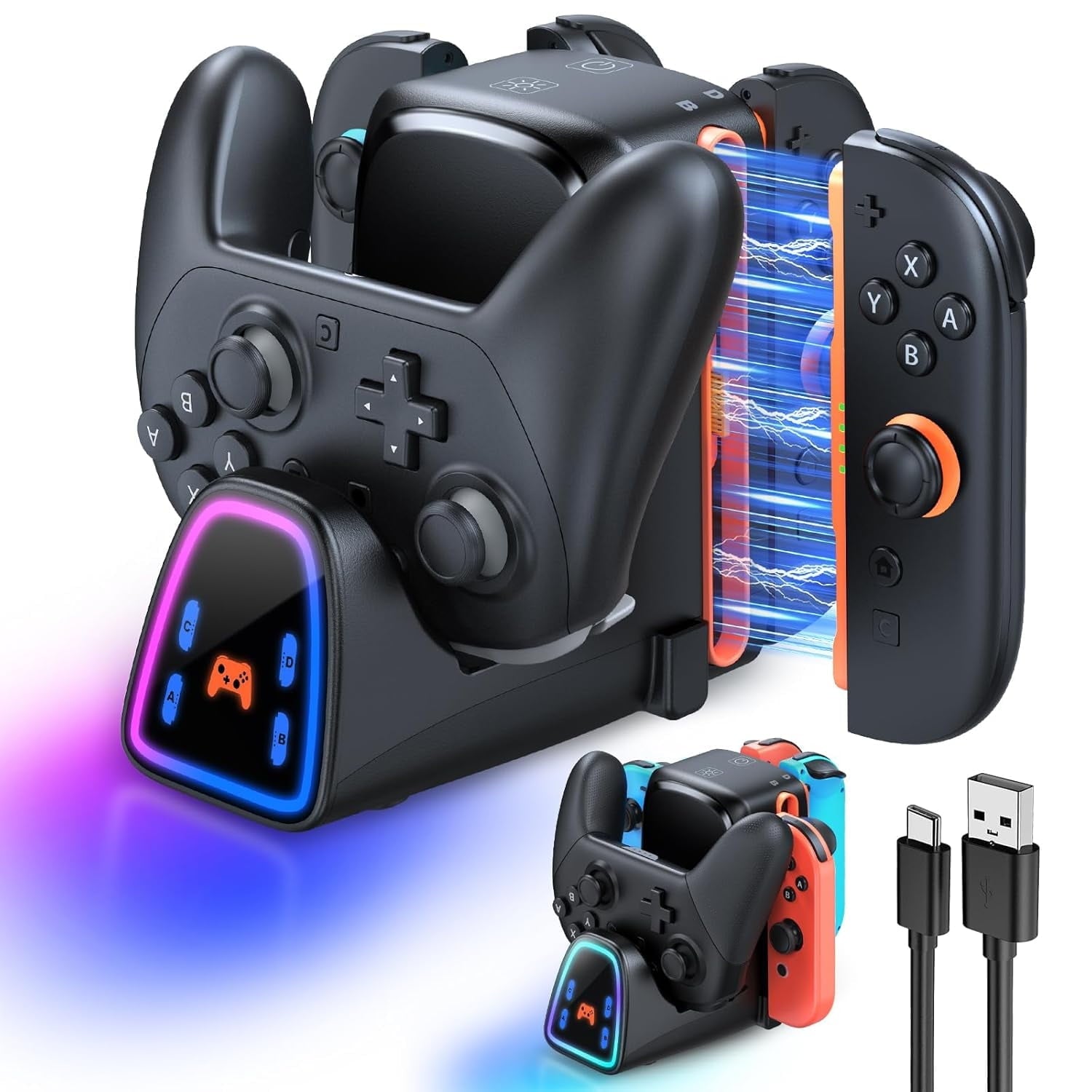 Controller Charging Dock for Nintendo Switch 2/Switch 1/OLED Controller Fast Charger Station for Joy Con 2&1 and Pro Controller 2&1 Charger Accessories with RGB Light Black
