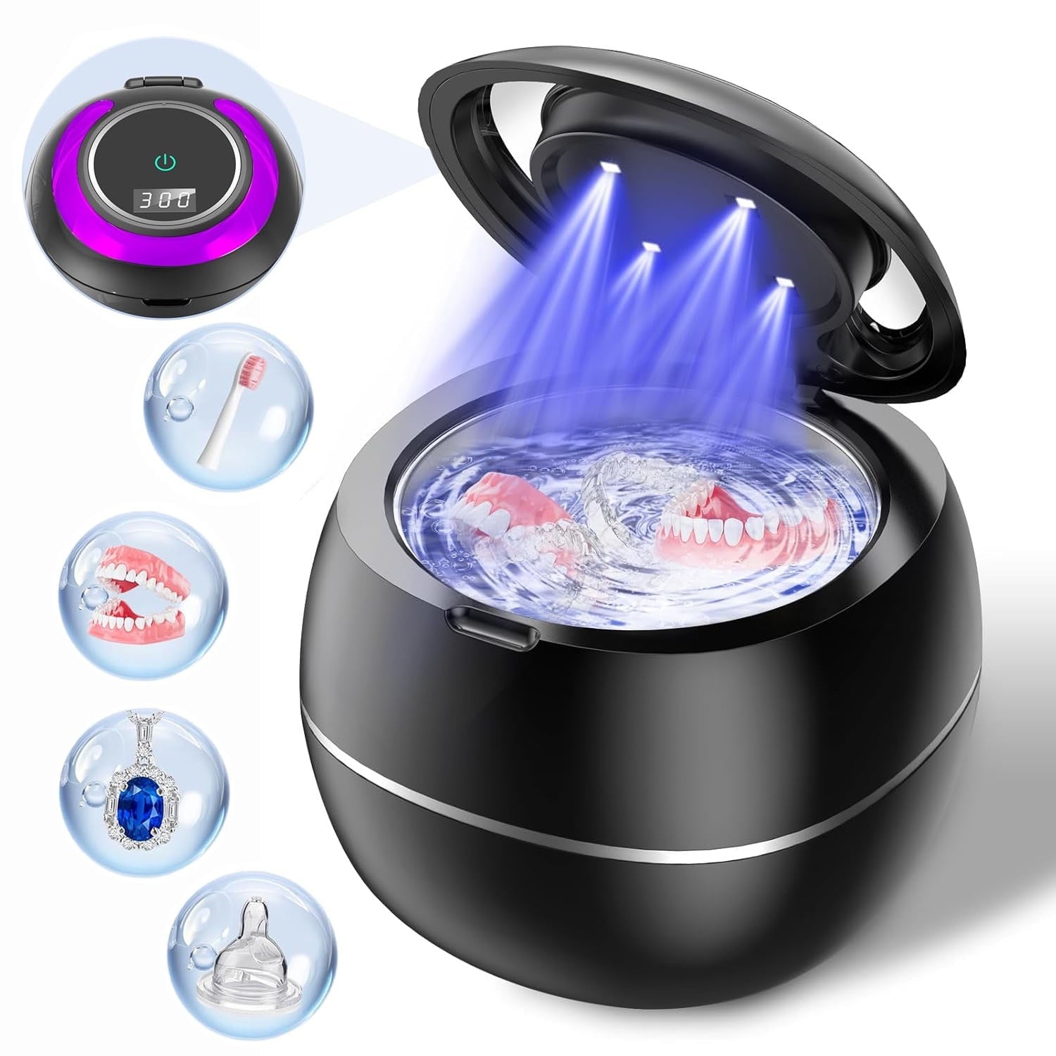 Prociv Ultrasonic Cleaner for Dentures 30W Professional Retainer Cleaner Machine for Aligner Retainer Toothbrush Head Jewelry Diamonds Home or Travel Use Black