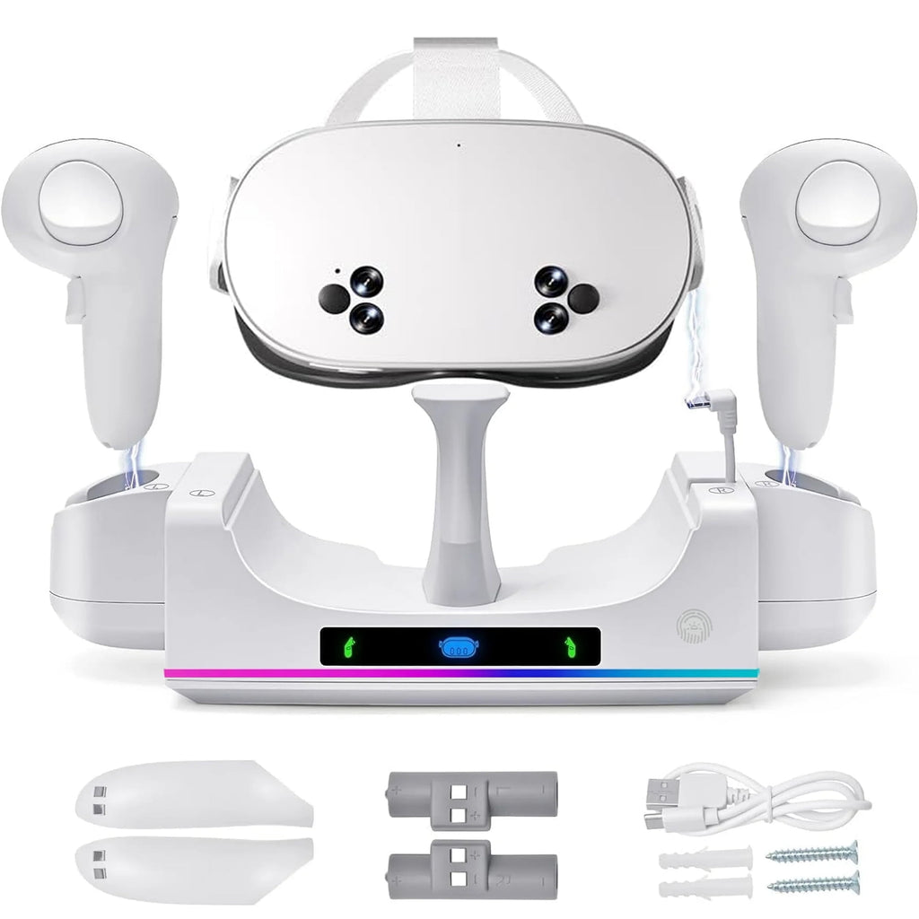 RGB Charging Dock for Oculus/Meta Quest 3S VR Headset and Controller Fast Charger Base Wall Mount Charging Stand for Meta Quest 3S Accessories with 2 Rechergeable Dual-Use