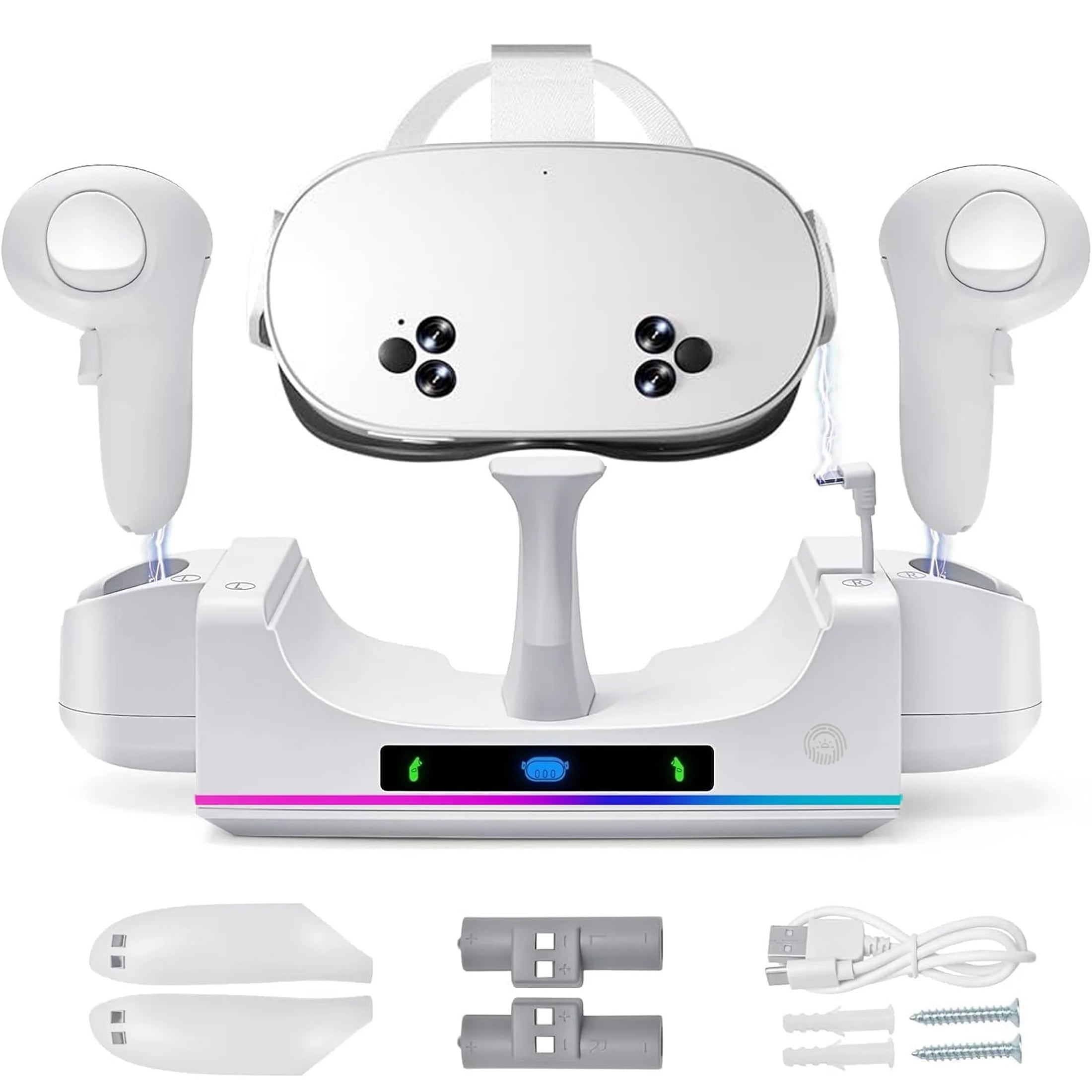 RGB Charging Dock for Oculus/Meta Quest 3S VR Headset and Controller Fast Charger Base Wall Mount Charging Stand for Meta Quest 3S Accessories with 2 Rechergeable Dual-Use