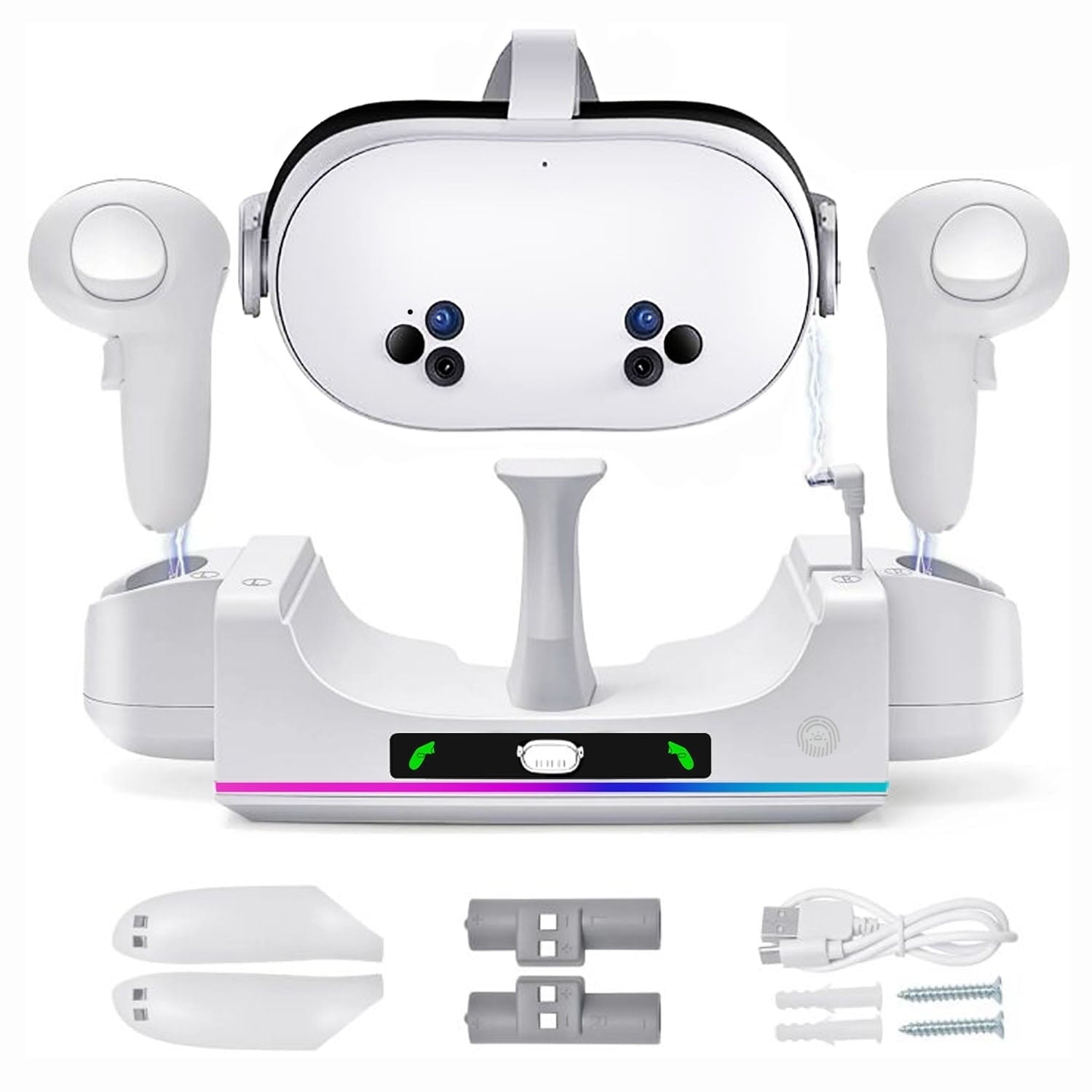 RGB Charging Dock for Oculus Quest 3/3S Charging Stand for Meta Quest 3S Controller and Headset with 2 Rechergeable Batteries Battery Cover