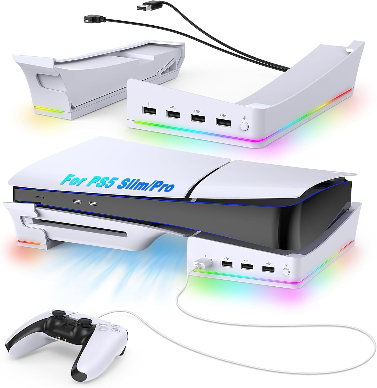 RGB Horizontal Stand for PS5 Pro / Slim Console Accessories with 14 Light Mode and 4 USB Hubs Side Stand for Playstation 5 Pro / Slim Disc & Digital Base Holder with Fast Charging White