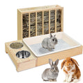 Rabbit Hay Feeder 3 in 1 Wooden Hay Feeder with Litter Box And 2 Bowls Rack Hay Holder for Guinea Pig Chinchillas Hamster Dwarf Rabbit
