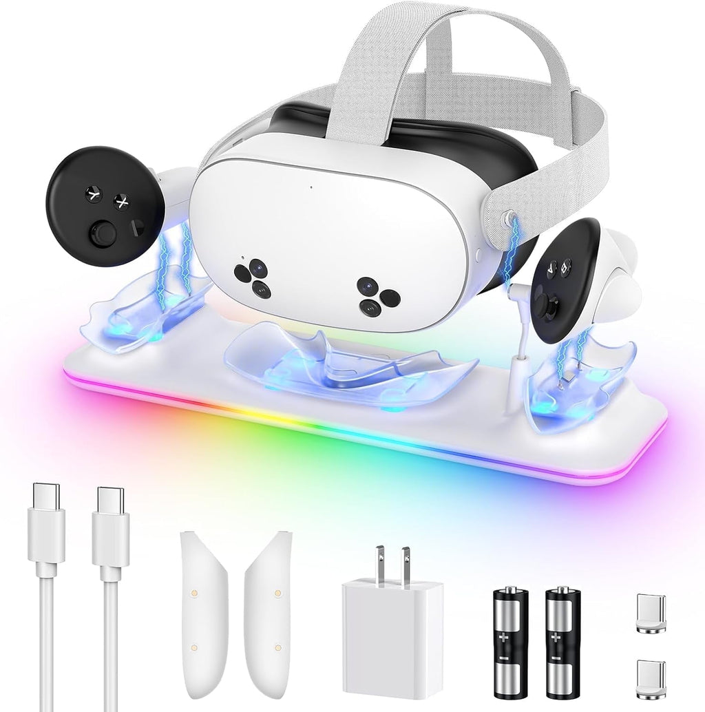 VR Charging Dock for Oculus/Meta Quest 3S - Magnetic Docking Station with LED Light - Charging Stationo Display with 2 * 1800Mah Rechargeable Batteries - VR Charging Stand Support Elite Strap White