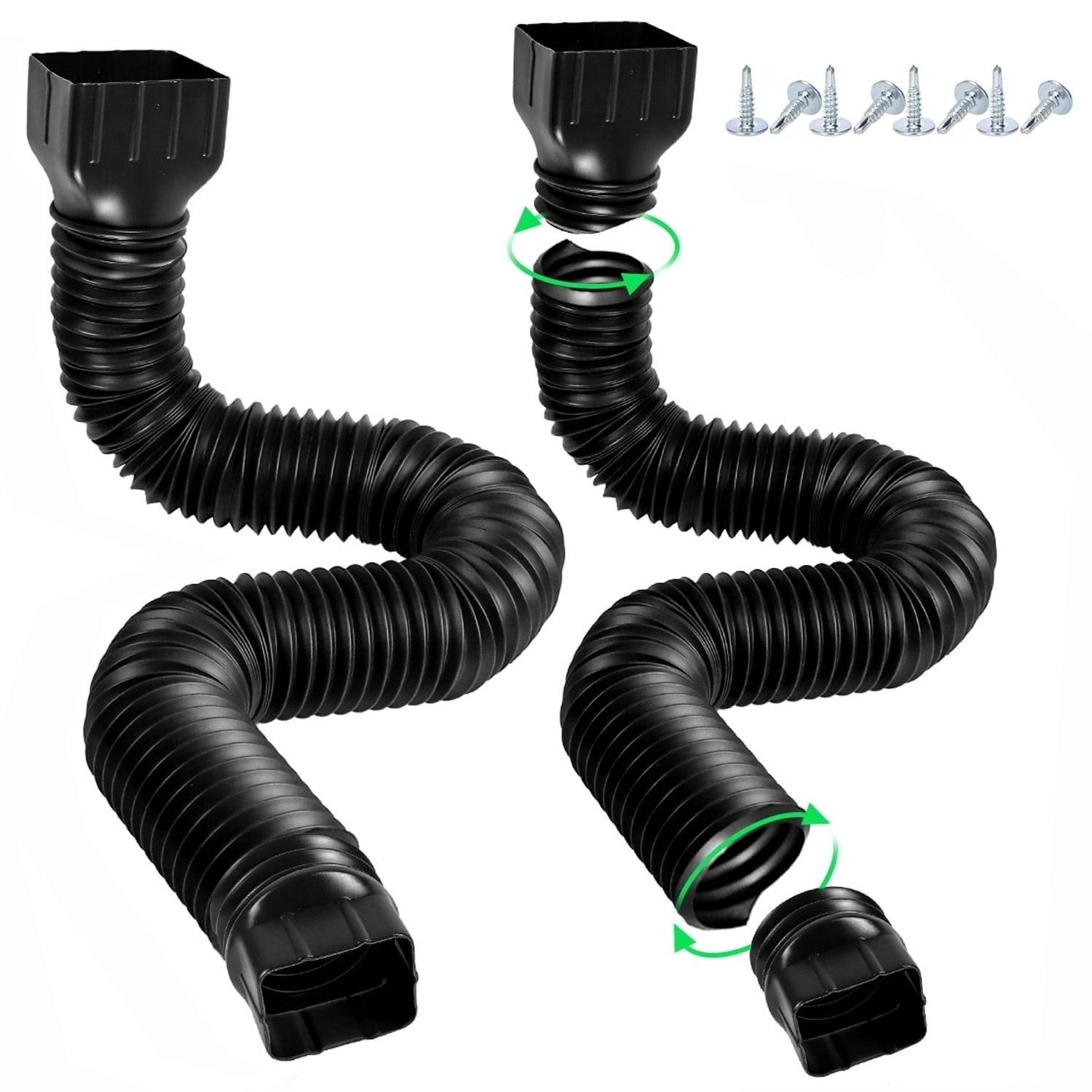 Wiher 2 Pack Flexible Rain Gutter Downspout Extensions Drain Downspout Extender Gutter Extension Flexible Down Spout Drain Extension Pipes Extendable from 21 to 60 Inches (Black)