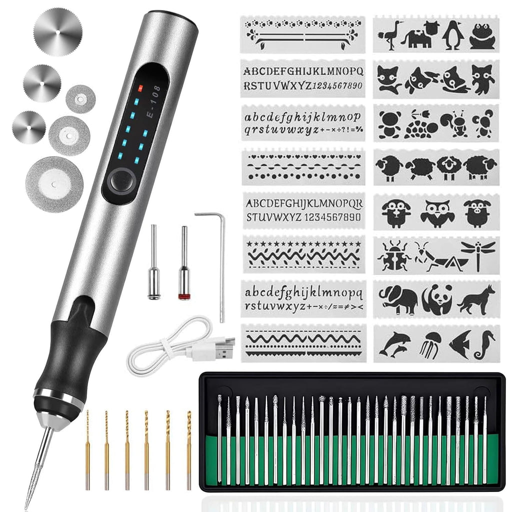 Wiher Electric Engraving Pen Kit with 42 Bits Mini Electric DIY Engraver Cordless Rotary Tools Portable Engraving Tool for Jewelry Wood Metal Stone Plastic Glass Etching (Silver)