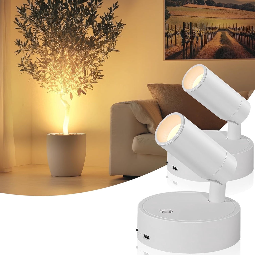 Wireless Led Spotlight Indoor Rechargeable Uplighting Indoor with Remote Dimmable 350° Rotate Battery Powered Ceiling Spotlight for Artwork Painting Tree White 2pcs