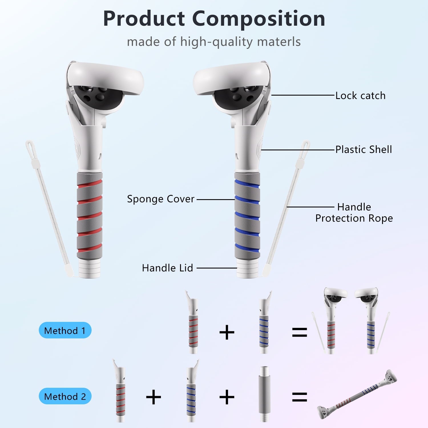 Controller Handle Attachments for Oculus Quest 3S/3/2 VR Accessories Long Stick and Dual Handle Extension Grips Compatible with Meta Quest for Gorilla Tag Beat Saber Golf Club Baseball Multiple Game