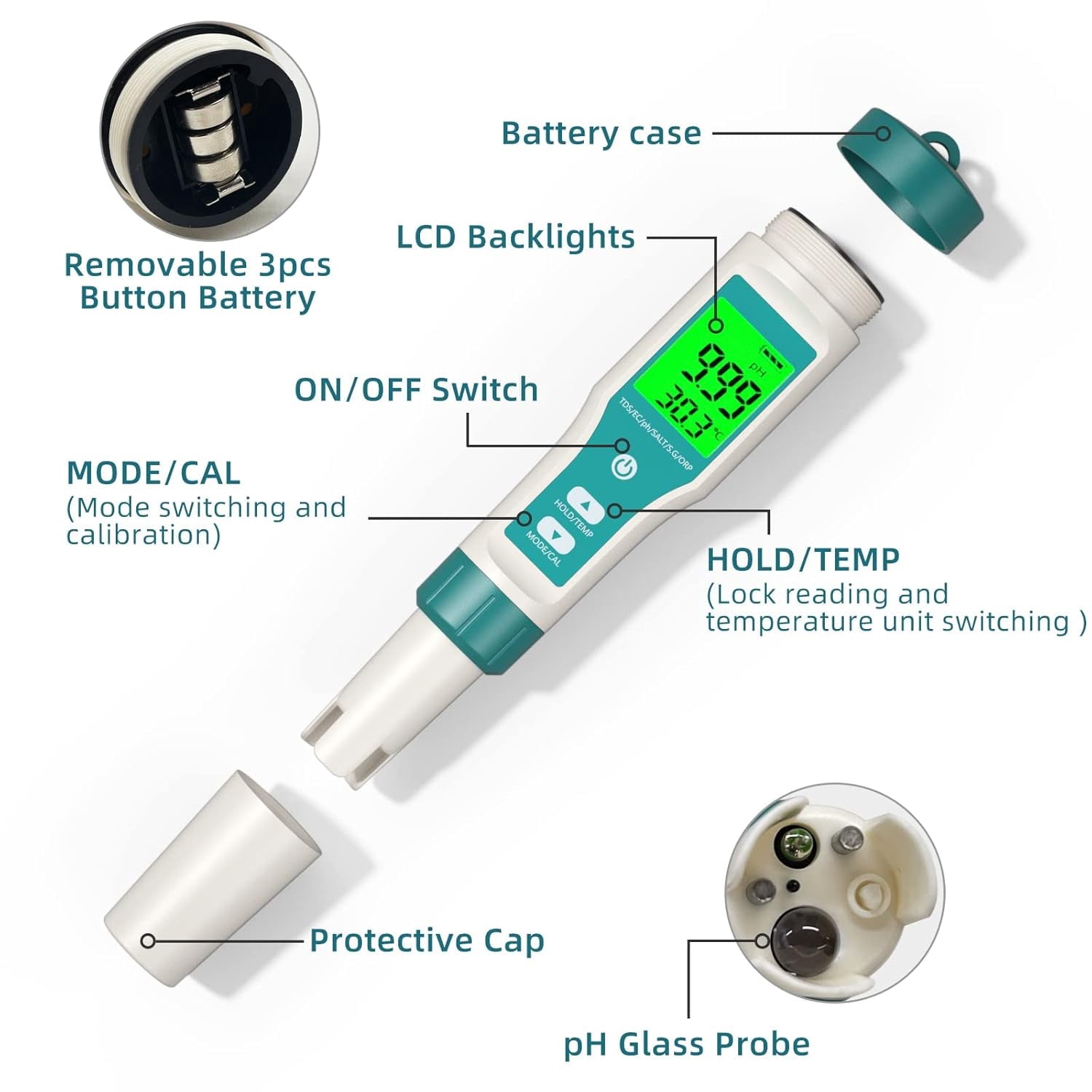 PH Meter 8 in 1 Water Quality Tester Pen Meter Digital PH Pen for TDS/EC/Salinity/Temp/ORP/S. G/PH/H2 Drinking Water Aquariums Hydroponic Cooking Tester Measure Plants Aquarium and Pool