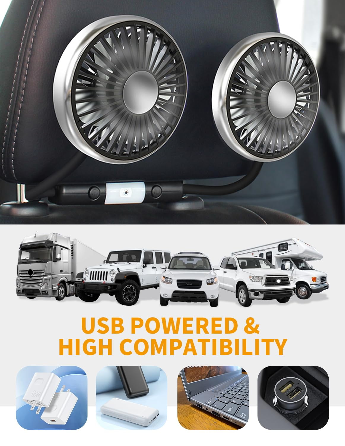Dual Head Car Fan with Lights USB Car Rear Seat Ventilation Fan 3 Speeds and 360 Degree Rotatable Cooling Car Fans for Vehicles RV SUV Truck