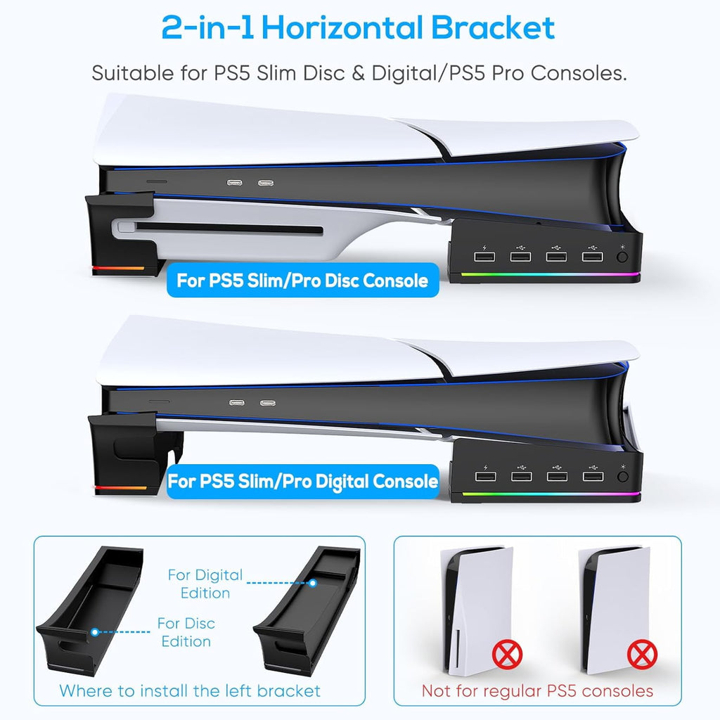 RGB Horizontal Stand for PS5 Pro / Slim Console Accessories with 14 Light Mode and 4 USB Hubs Side Stand for Playstation 5 Pro / Slim Disc & Digital Base Holder with Fast Charging Black
