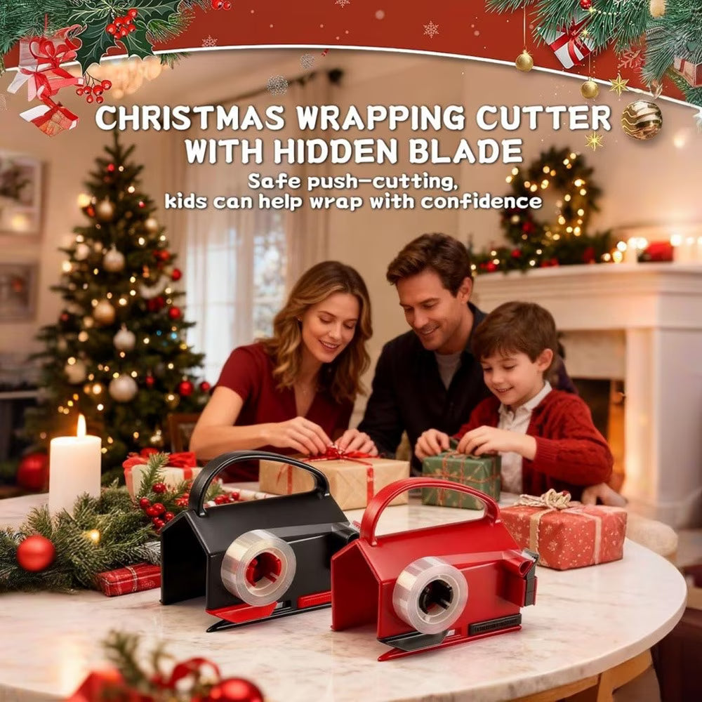 Wiher Wrapping Paper Cutter & Tape Dispenser, Gift Wrap Cutter Tool with 4 Tapes & 2 Replacement Blades, Dual Use Sliding Design for Holiday & Birthday Gift Wrapping Paper Roll, Red
