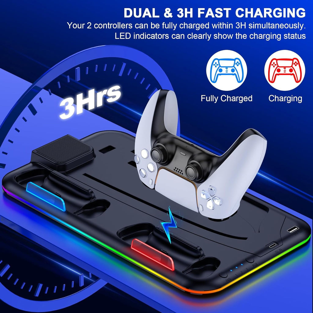 PS5 Slim Stand and Turbo Cooling Station with Controller Charging Station for Playsation 5 PS5 Accessories Incl. 3 Levels Cooling Fan RGB Light 15 Game Storage Headset Holder for PS5 Digital/Disc