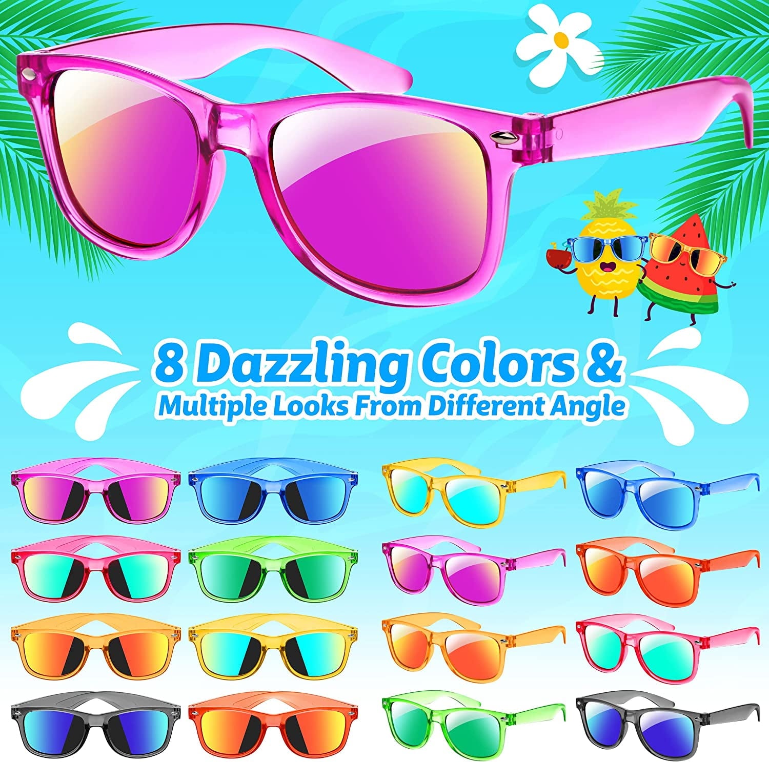 Prociv 24 Pack Kids Sunglasses Bulk Kids Sunglasses Party Favor Neon Translucent Sunglasses with UV400 Protection Boys Girls Age 3-8 Beach Pool Birthday Party Supplies