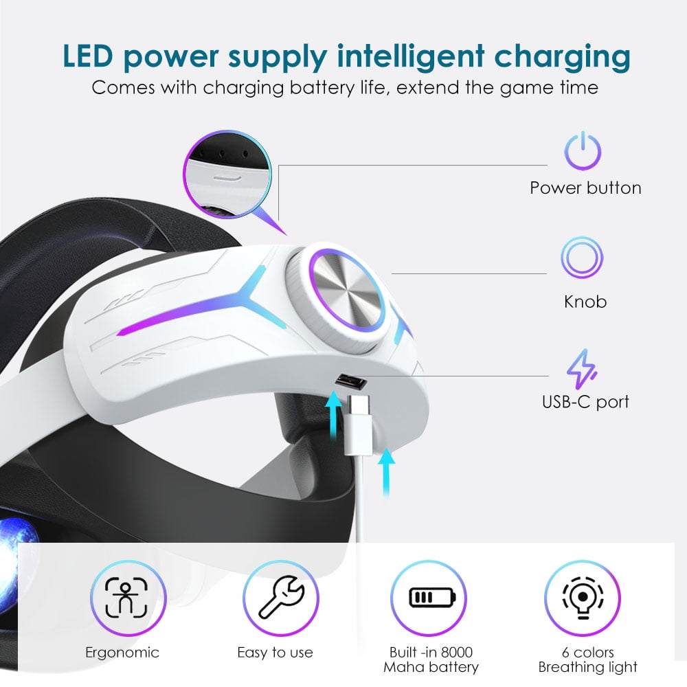 Battery Head Strap for Meta Oculus Quest 2 Extend Playtime Adjustable Strap with Thickened Pad for Enhanced Support for VR Accessories Fast Charging 8000mAh Battery
