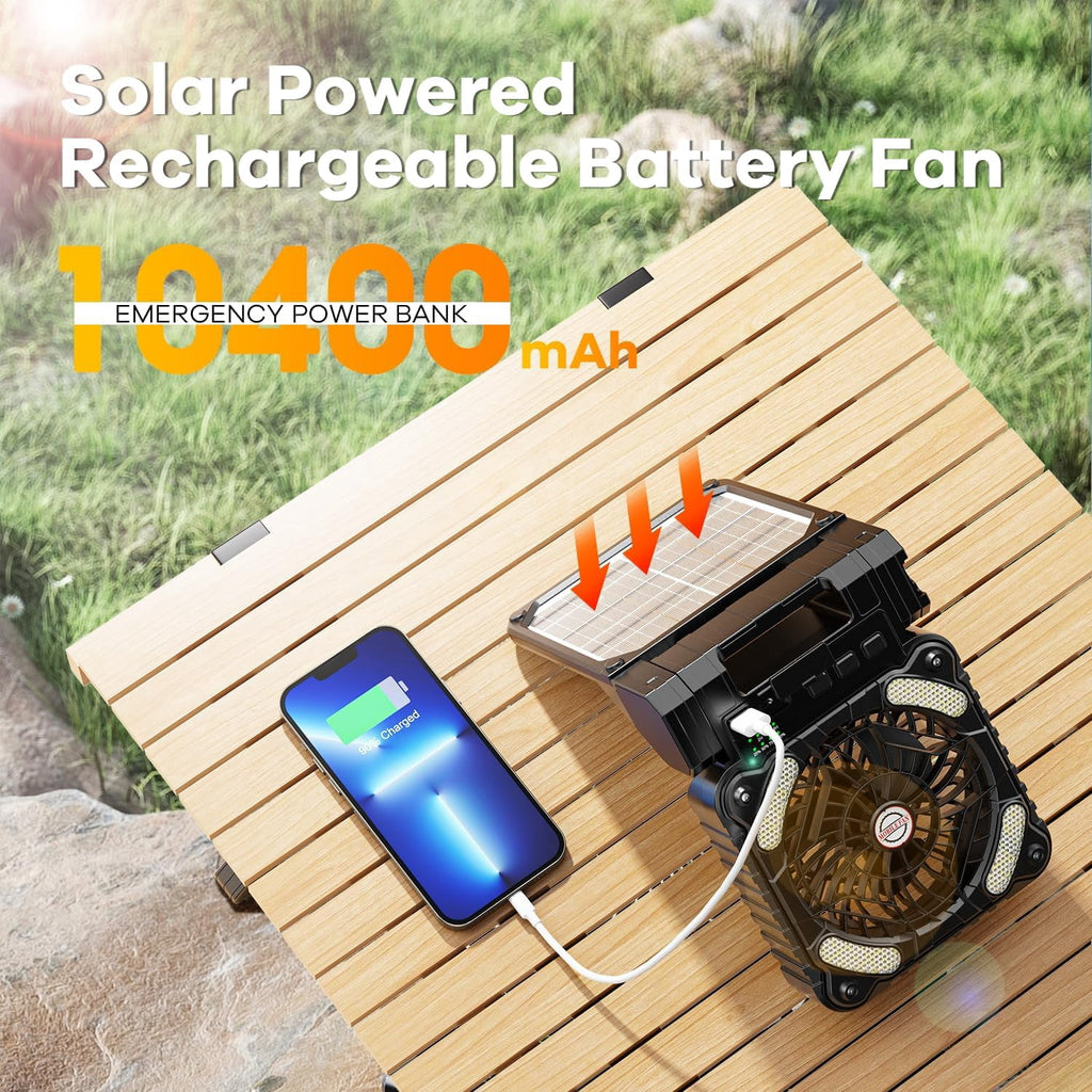 Solar Camping Fan with Light 10400mAh Rechargeable Portable Desk Cooling Fan with 4 Speeds/Timer/PowerBank for Outdoor Camping Fishing Barbecue