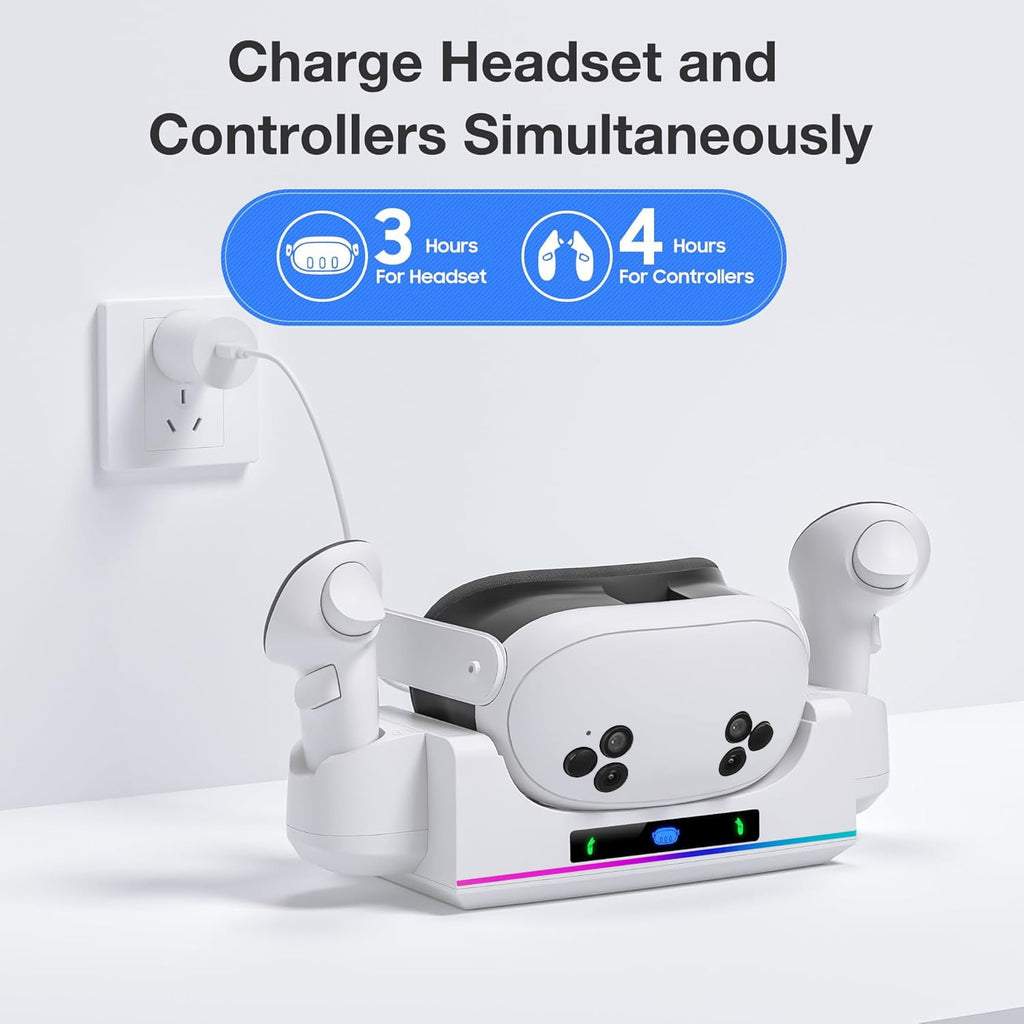 RGB Charging Dock for Oculus/Meta Quest 3S VR Headset and Controller Fast Charger Base Wall Mount Charging Stand for Meta Quest 3S Accessories with 2 Rechergeable Dual-Use