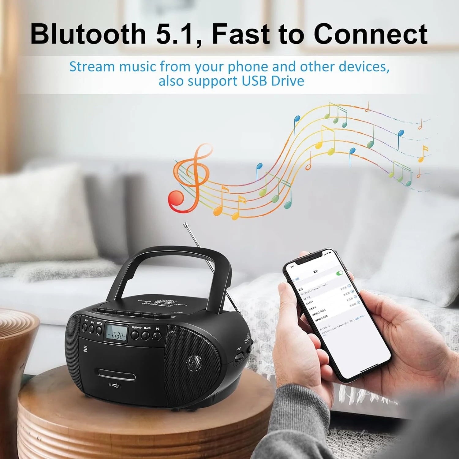 Amazup CD Player CD Cassette Player Combo with Bluetooth AM/FM Radio Stereo Sound with Remote Control AUX/USB Drive Tape Recording AC/DC Powered Headphone Jack for Home Senior Child
