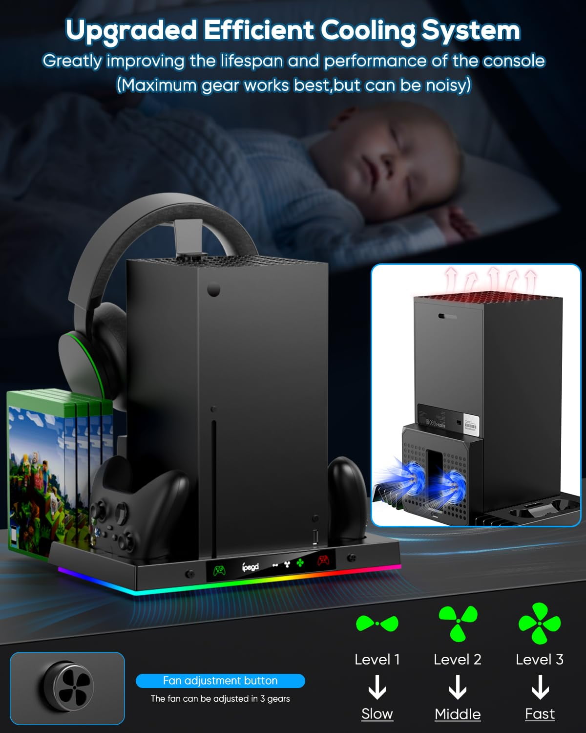 Upgraded RGB Cooling Fan Charging Station for Xbox Series X Console & Controller Wireless Dual Charger Dock & Cooler System Stand with 15 Colorful Light Modes for Xbox Series X & Accessories Storage