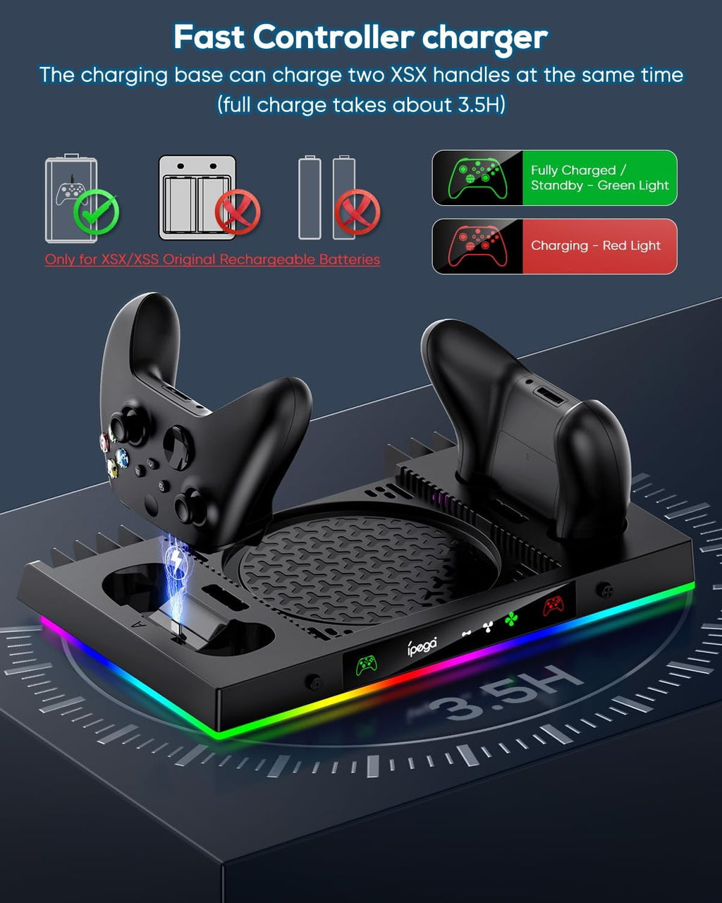 Upgrade Cooling Fan & Dual Charging Stand for Xbox Series X Console &Controller Cooler Charger Station System for Series X with 15 RGB Lights 2 x 1400mAh Rechargeable Battery Disc Accessories Storage