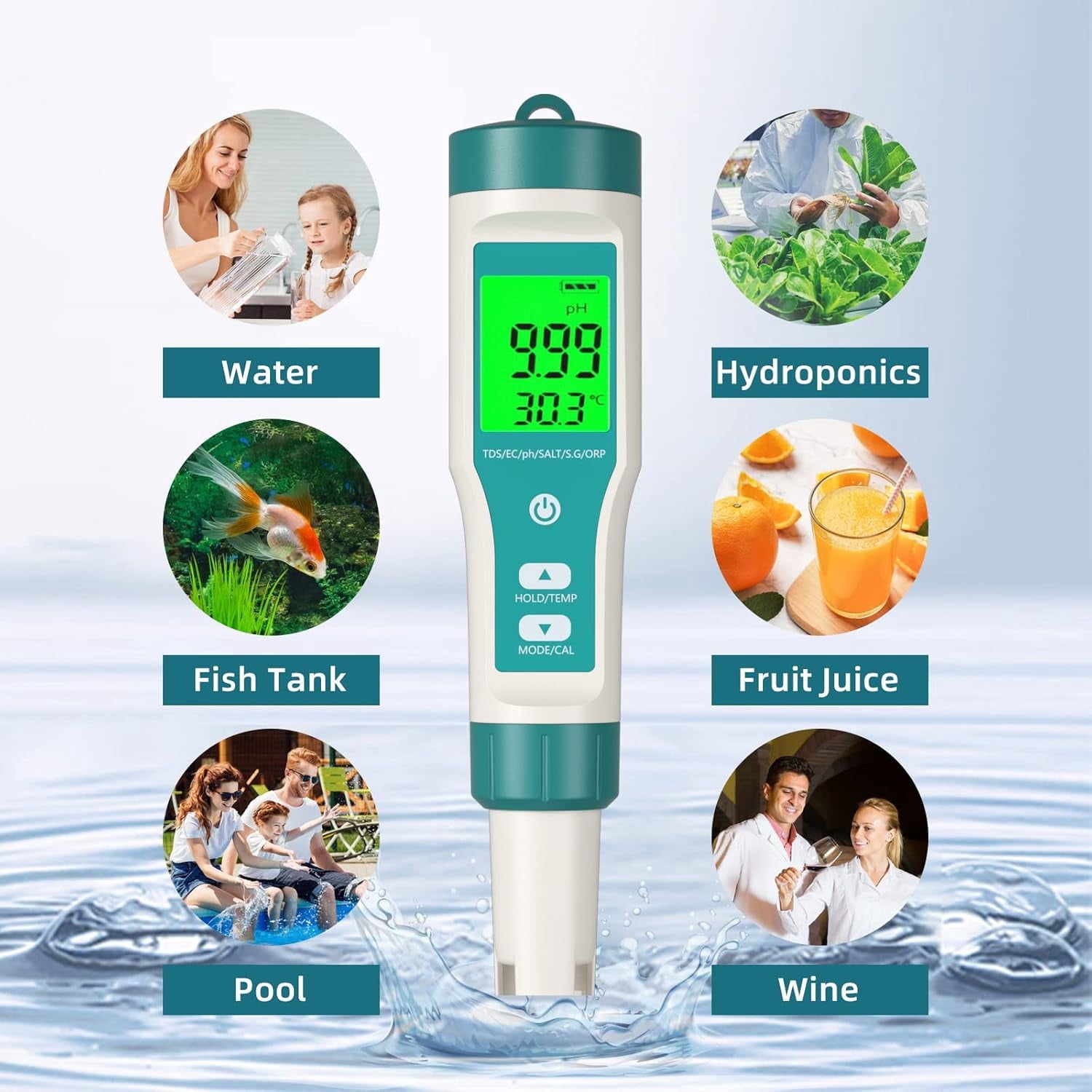 PH Meter 8 in 1 Water Quality Tester Pen Meter Digital PH Pen for TDS/EC/Salinity/Temp/ORP/S. G/PH/H2 Drinking Water Aquariums Hydroponic Cooking Tester Measure Plants Aquarium and Pool