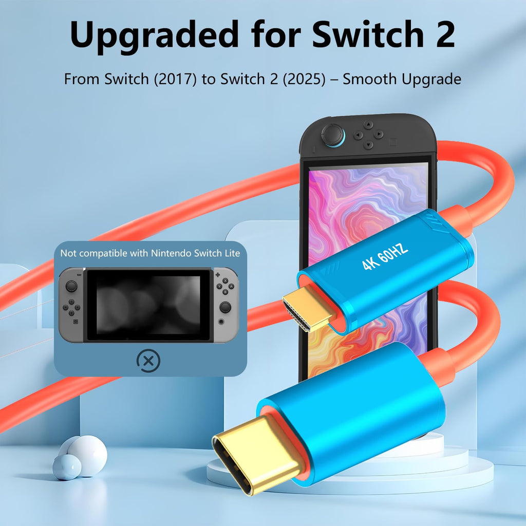 Switch 2 HDMI Cable Dock Base Station 4K/60 Hz 48 Gbps USB C 3.2 to HDMI 2.0 6.6 ft Portable Travel TV Adapter Cord Compatible with Nintendo Switch 2/2017/OLED(Blue)
