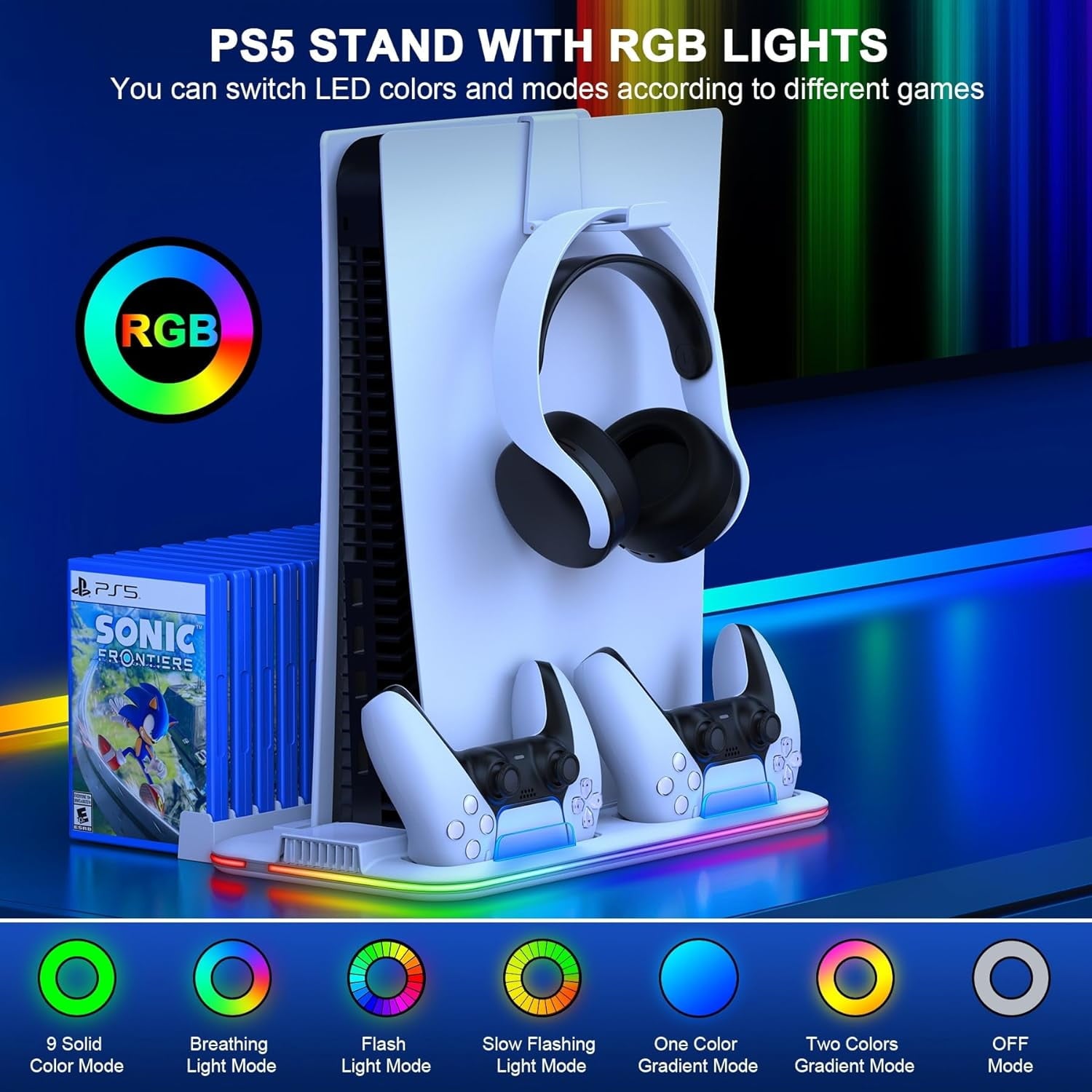 PS5 Slim Stand and Turbo Cooling Station with Controller Charging Station for Playsation 5 3 Levels Cooling Fan RGB Light 15 Game Storage Headset Holder for PS5 Digital/Disc