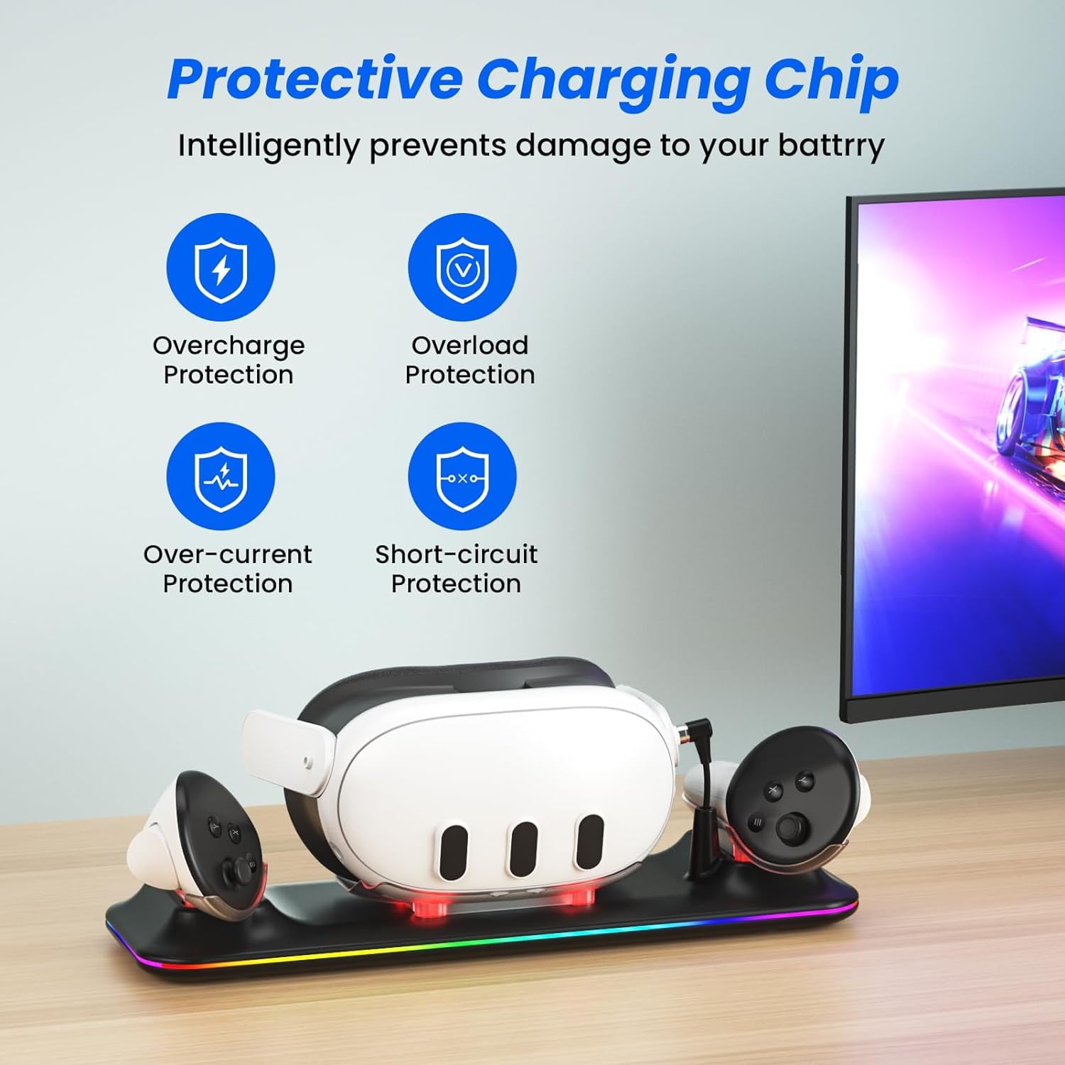 VR Charging Dock for Meta Quest 3 Fast Charging Station with Colorful RGB Light for Oculus Quest 3 Magnetic Charging Stand for VR Headset and Touch Controllers with 2 Rechargeable Batteries Black