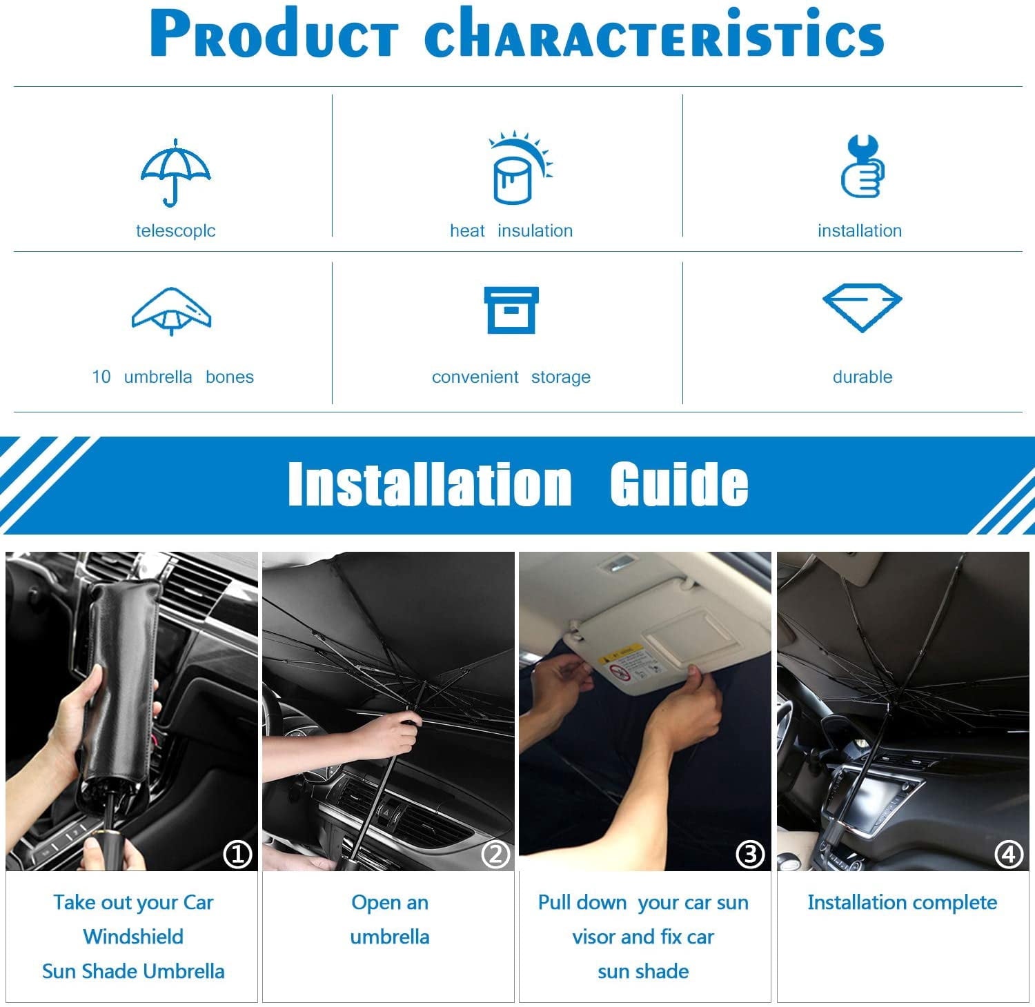 Car Windshield Sun Shade Umbrella Foldable Block UV Rays and Heat Sun Visor Protector Car Window Shades Fits Most Vehicle Models