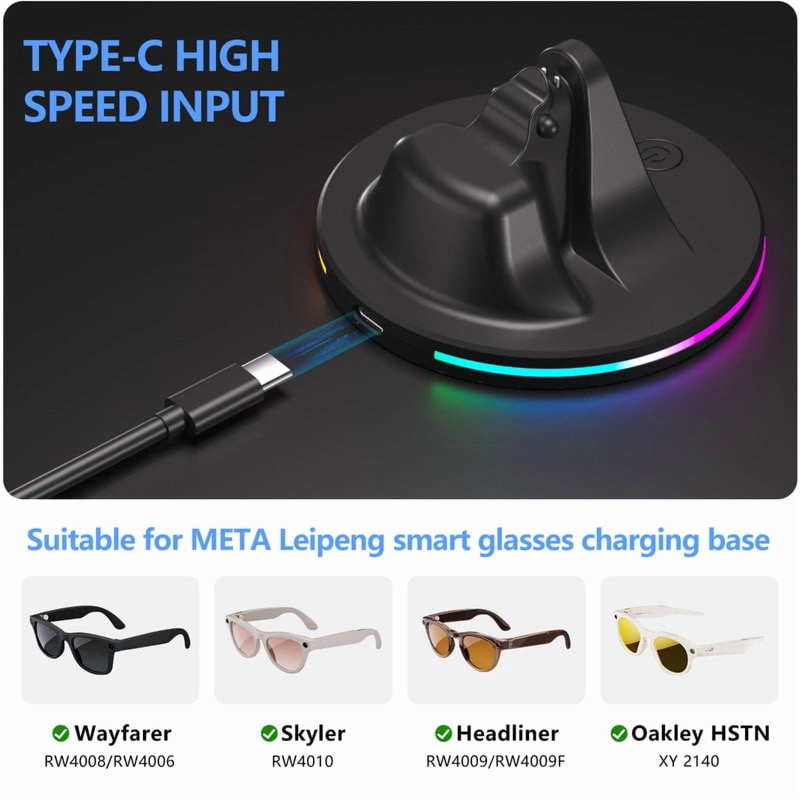 Charging Station for Meta Wayfarer/Skyler/Headliner Portable Charging Dock Compatible with Oakley Meta HSTN RGB Travel Charging Stand with Cable LED Indicator