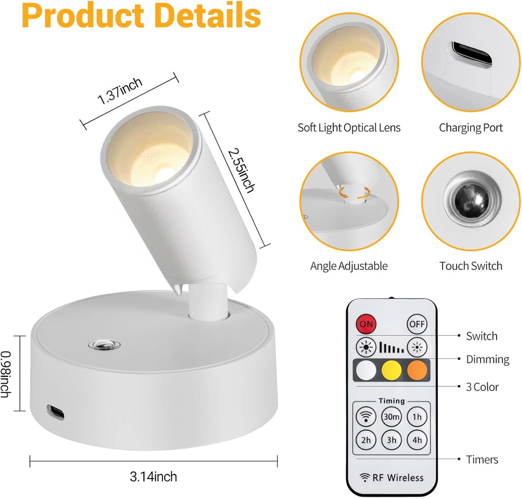 Wireless Led Spotlight Indoor Rechargeable Uplighting Indoor with Remote Dimmable 350° Rotate Battery Powered Ceiling Spotlight for Artwork Painting Tree White 1pcs